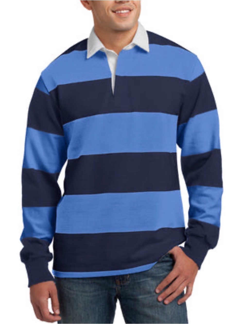 Izod Blue and Navy Wide-Stripe Long Sleeve Rugby Shirt with White Collar
